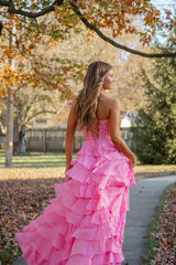 2024 Hot Pink Corset Long Prom Dresses Ruffle Sweetheart Lace Chiffon