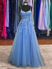 2025 Lace Blue Prom Dresses V Neck Long Formal Dresses Open Back