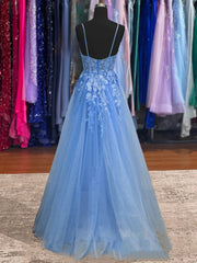 2025 Lace Blue Prom Dresses V Neck Long Formal Dresses Open Back