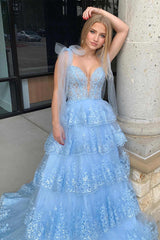 Light Blue Layered Prom Dress Tiered Tie Staps Plunging Neck