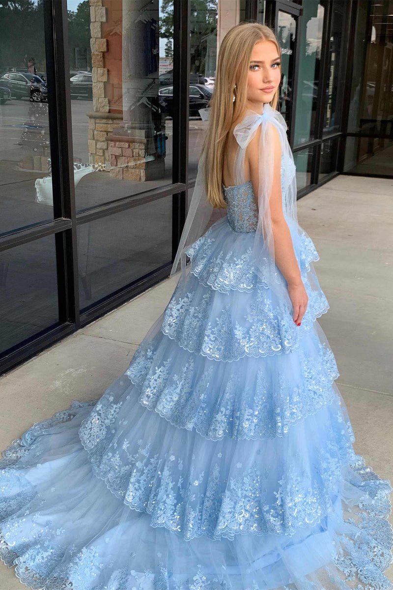 Light Blue Layered Prom Dress Tiered Tie Staps Plunging Neck