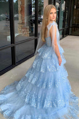 Light Blue Layered Prom Dress Tiered Tie Staps Plunging Neck