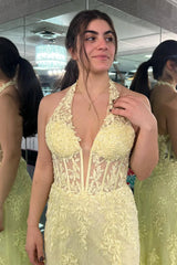 2025 Long Halter Mermaid Lace Yellow Prom Dresses