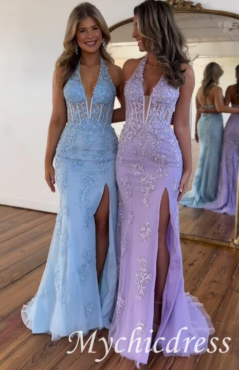2025 Long Lace Prom Dress Violet purple Halter Evening Gown Fitted Slit - MyChicDress