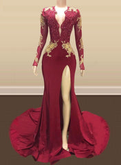 2025 Long Mermaid Gold Red Lace Prom Dresses Mermaid Formal Gowns