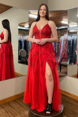 2025 Long Red Floral Prom Dresses Cheap Plunging V Neck Appliques