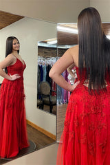 2025 Long Red Floral Prom Dresses Cheap Plunging V Neck Appliques