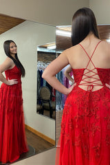 2025 Long Red Floral Prom Dresses Cheap Plunging V Neck Appliques