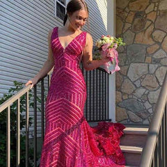 Sequin Prom Dresses UK 2025 Long V Neck Mermaid Evening Gowns