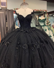 2024 New Cheap Quinceanera Dresses Black with Flowers Crystals Beaded
