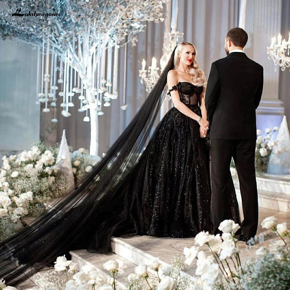 2025 Princess Black Gothic Wedding Dresses with Sequin Lace Applique - MyChicDress