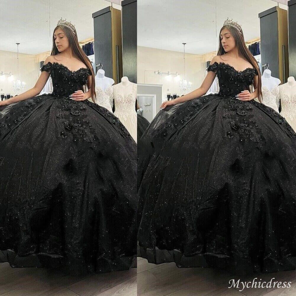 2025 Plus Size Black Quinceanera Dresses with Flowers Crystals - MyChicDress