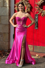 2025 Long Magenta Formal Dress Fuchsia Prom Dress Satin Strapless