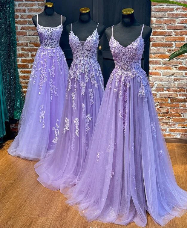 2025 Straps Violet Purple Prom Dresses Lace Tulle Long A-line Dress - MyChicDress