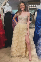 2025 Tiered Prom Dresses Champagne Ruffle Off the Shoulder Sequin