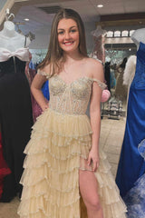 2025 Tiered Prom Dresses Champagne Ruffle Off the Shoulder Sequin