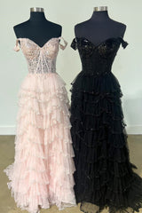 2025 Tiered Prom Dresses Champagne Ruffle Off the Shoulder Sequin