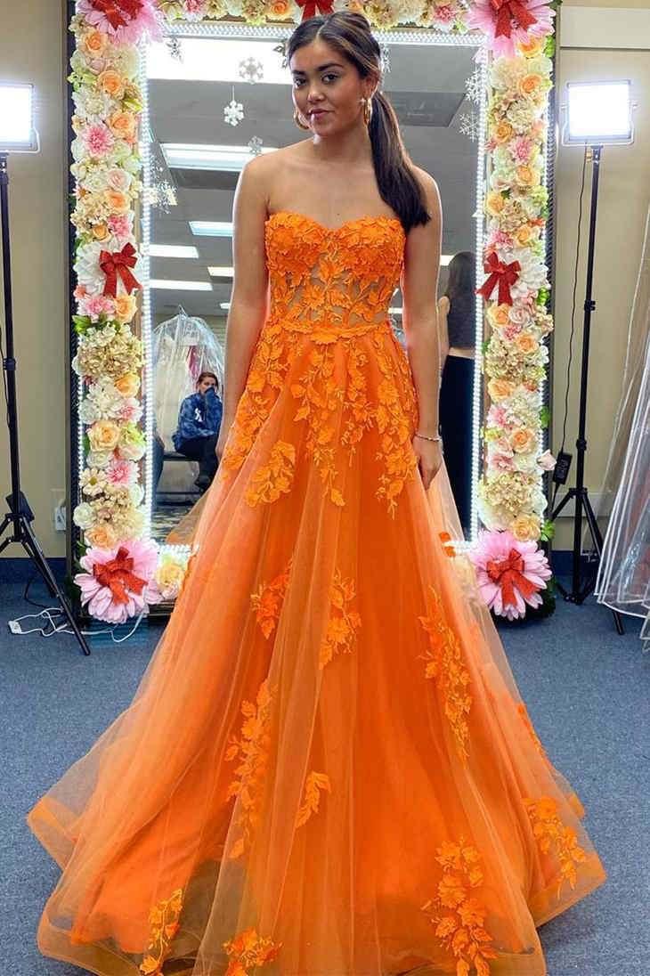 Orange Lace Prom Dresses Sexy Sweetheart Long Applique Formal Dresses