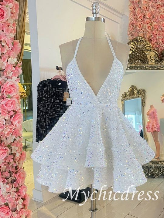 2025 Blue Sequin Homecoming Dresses Sleeveless V Neck A Line Cocktail Dresses - MyChicDress