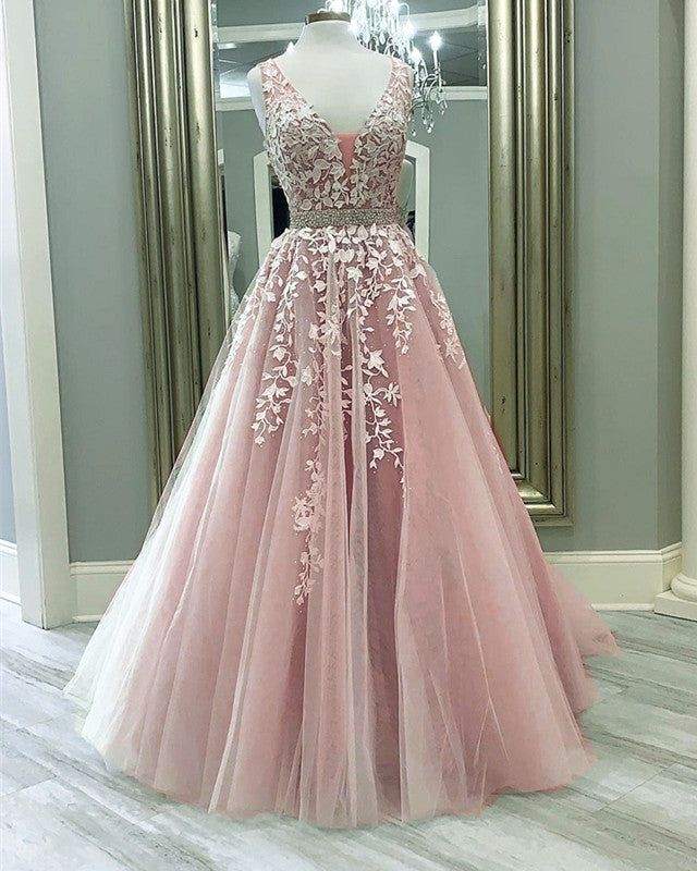 2025 A Line Tulle Lace Prom Dresses Champagne Evening Dress Beading Belt MyChicDress