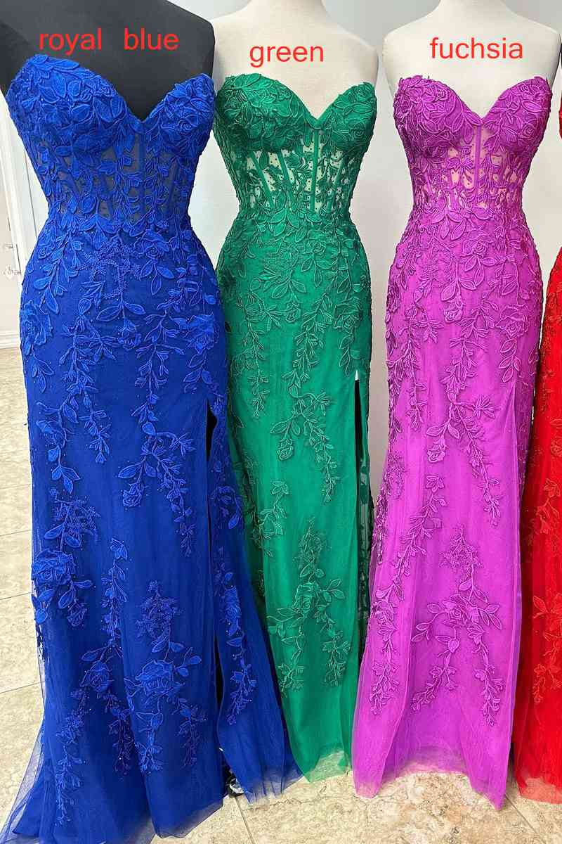 2025 Black Lace Prom Dresses Strapless Split Long Evening Dresses Mermaid MyChicDress