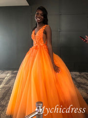 2025 Orange Lace Beaded Prom Dresses V Neck Tulle Sleeveless Evening Dress UK MyChicDress