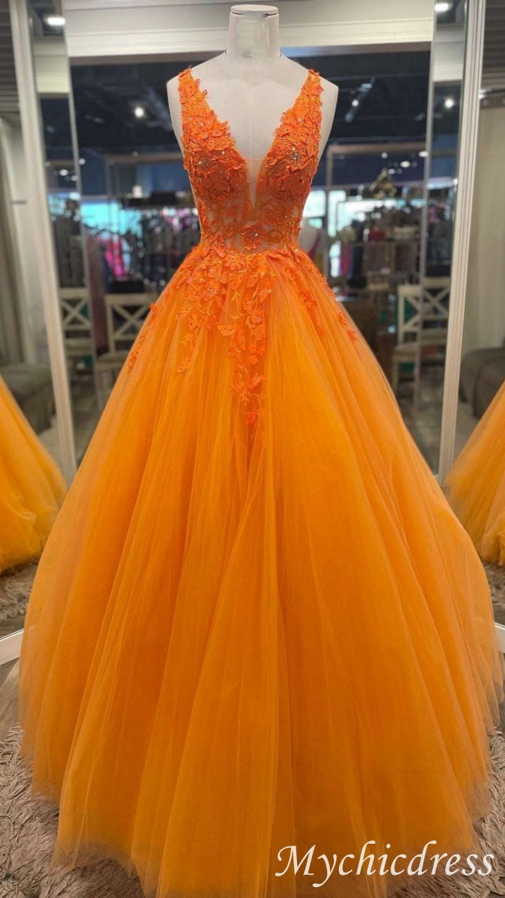 2025 Orange Lace Beaded Prom Dresses V Neck Tulle Sleeveless Evening Dress UK MyChicDress