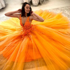 2025 Orange Lace Prom Dresses Floral V Neck Formal Evening Dress MyChicDress