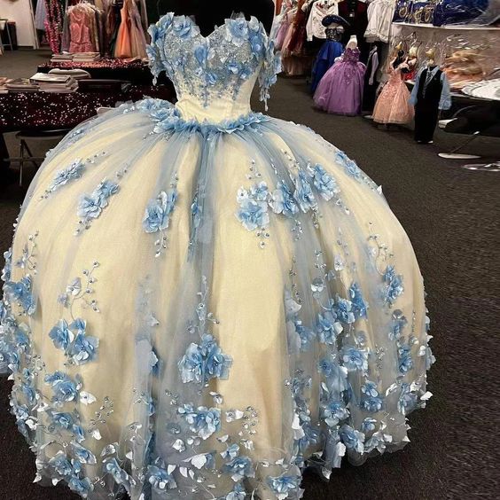 2025 New Off The Shoulder blue Quince Dress 3D Flower Ball Gowns