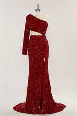 One shoulder Sequins Burgundy Long Evening Dress uk