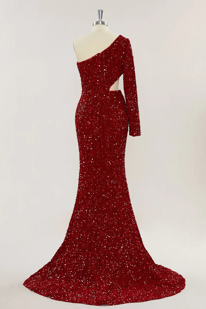 2025 One shoulder Sequins Burgundy Prom Dress Long Evening Dress uk - MyChicDress