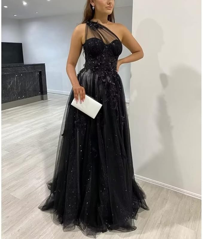 2025 Preto Um Ombro Longo Vestidos de Baile Vestido Formal com Fenda