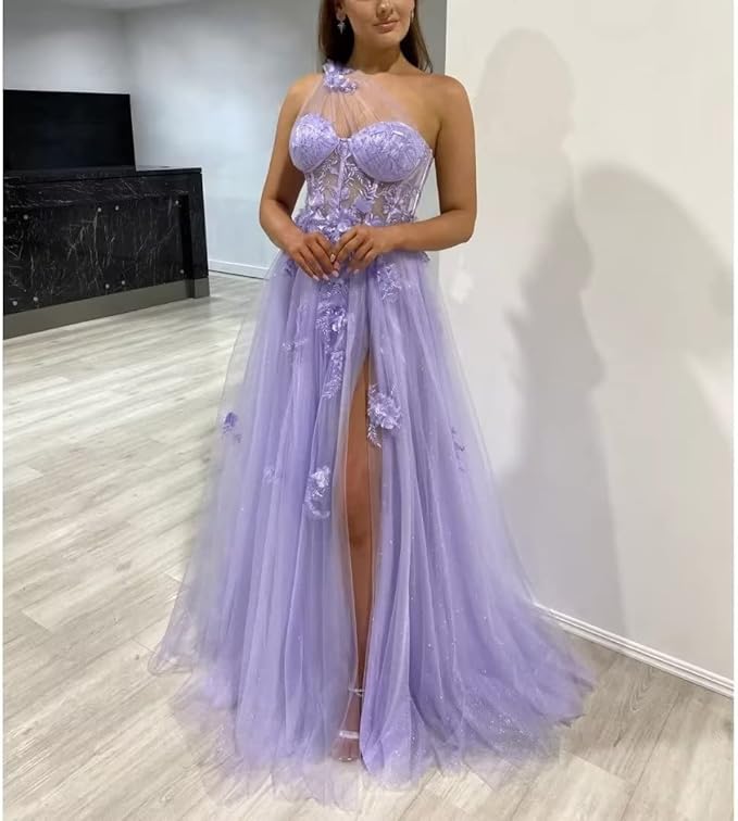 2025 Preto Um Ombro Longo Vestidos de Baile Vestido Formal com Fenda