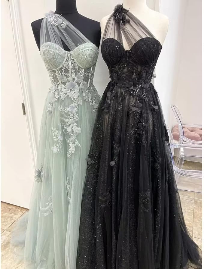 2025 Preto Um Ombro Longo Vestidos de Baile Vestido Formal com Fenda