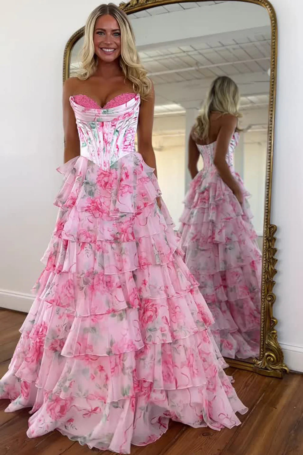 2026 Corset Floral Pink Prom Dresses Sweetheart Layered Ruffle Skirt