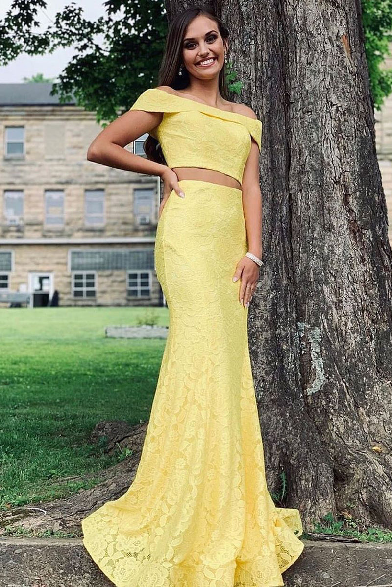 2 Piece Yellow Lace Prom Dress Mermaid Off the Shoulder Formal Dress - MyChicDress