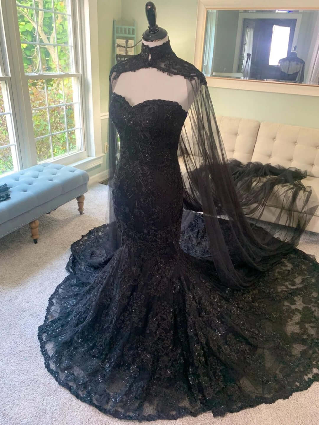 3 in 1 Black Wedding Dress Mermaid Lace with Cape Removable Sleeves