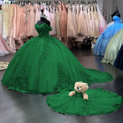 3D Flower dark Green Quince Dresses Off Shoulder Sweet 15 Birthday Party