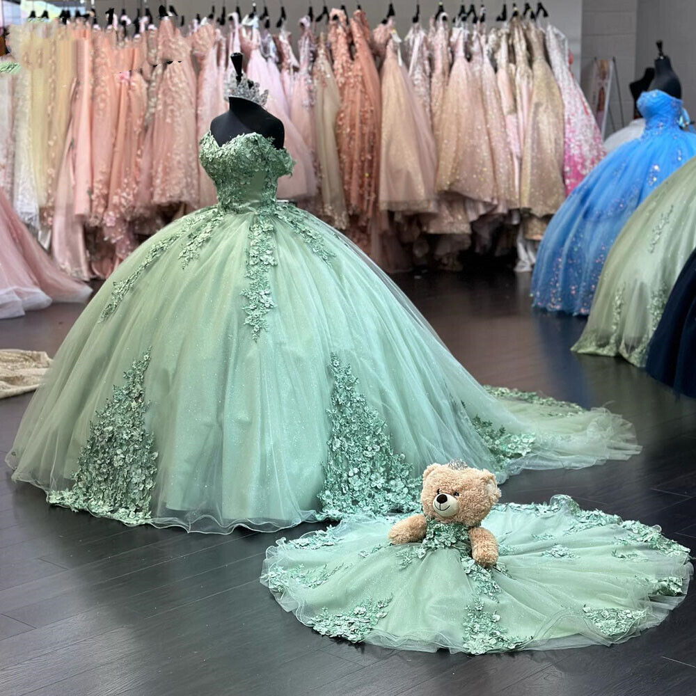 3D Flower mint Quince Dresses Off Shoulder Sweet 15 Birthday Party