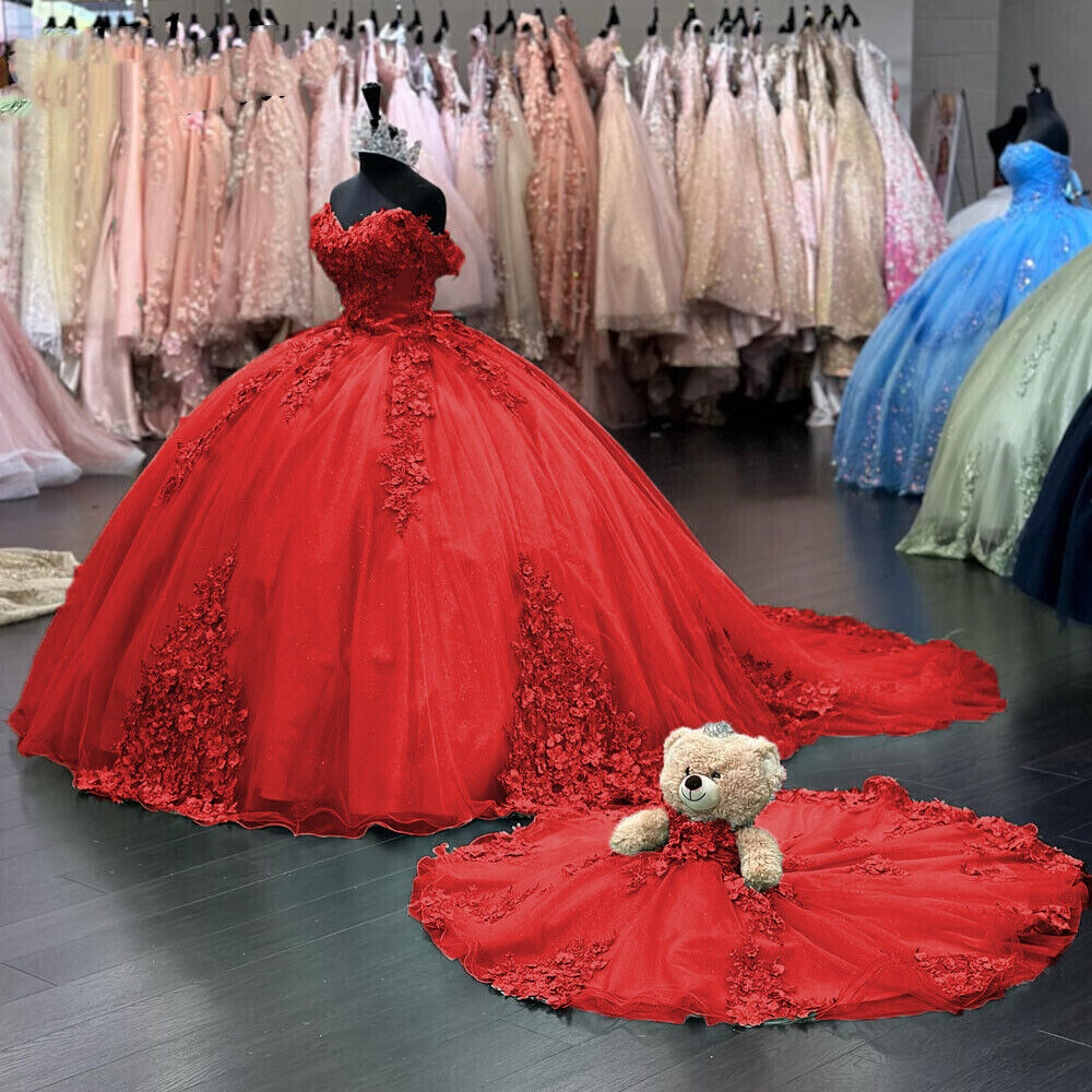 3D Flower red Quince Dresses Off Shoulder Sweet 15 Birthday Party