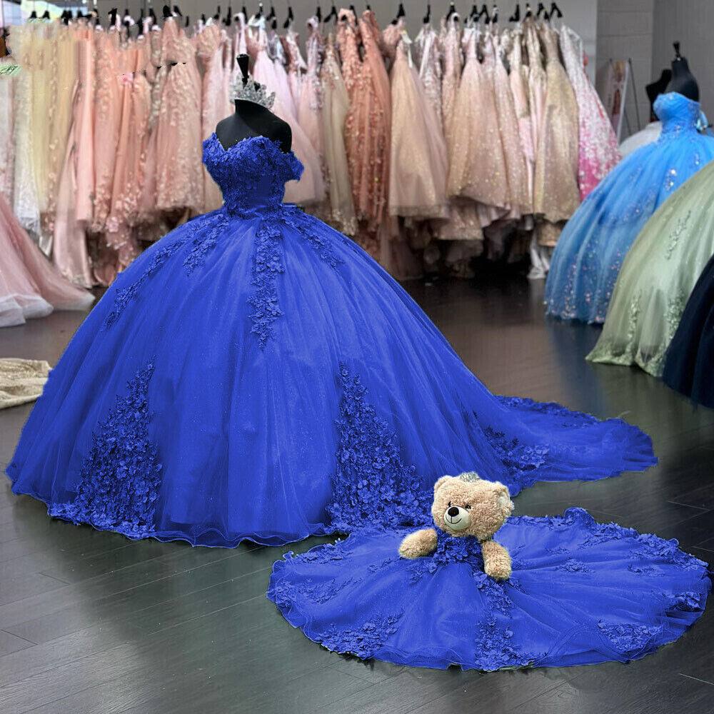 3D Flower royal  blue Quince Dresses Off Shoulder Sweet 15 Birthday Party