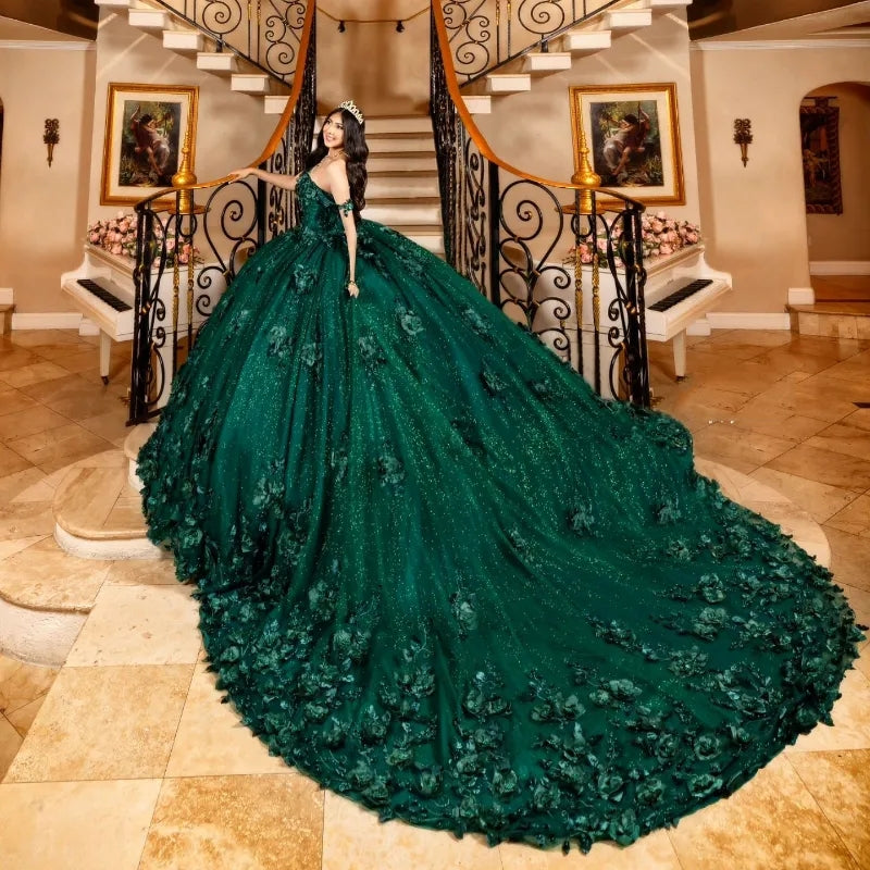 3D Flowers Emerald Green Quinceanera Dresses Ball Gown Quince Dress