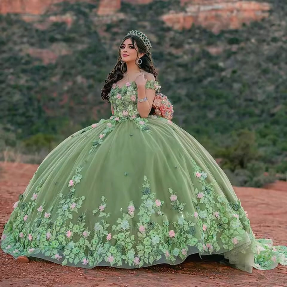 3D Handmade Floral Quinceanera Dress Sage Green Vestidos De XV Anos