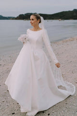 A-Line Beach Satin Wedding Dresses Long Sleeves Jewel Neckline MyChicDress