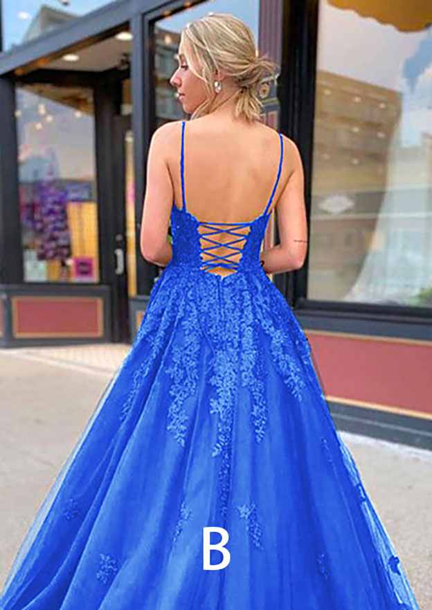 A Line Blue Lace Prom Dresses 2025 Cheap V Neck Formal Dresses MyChicDress