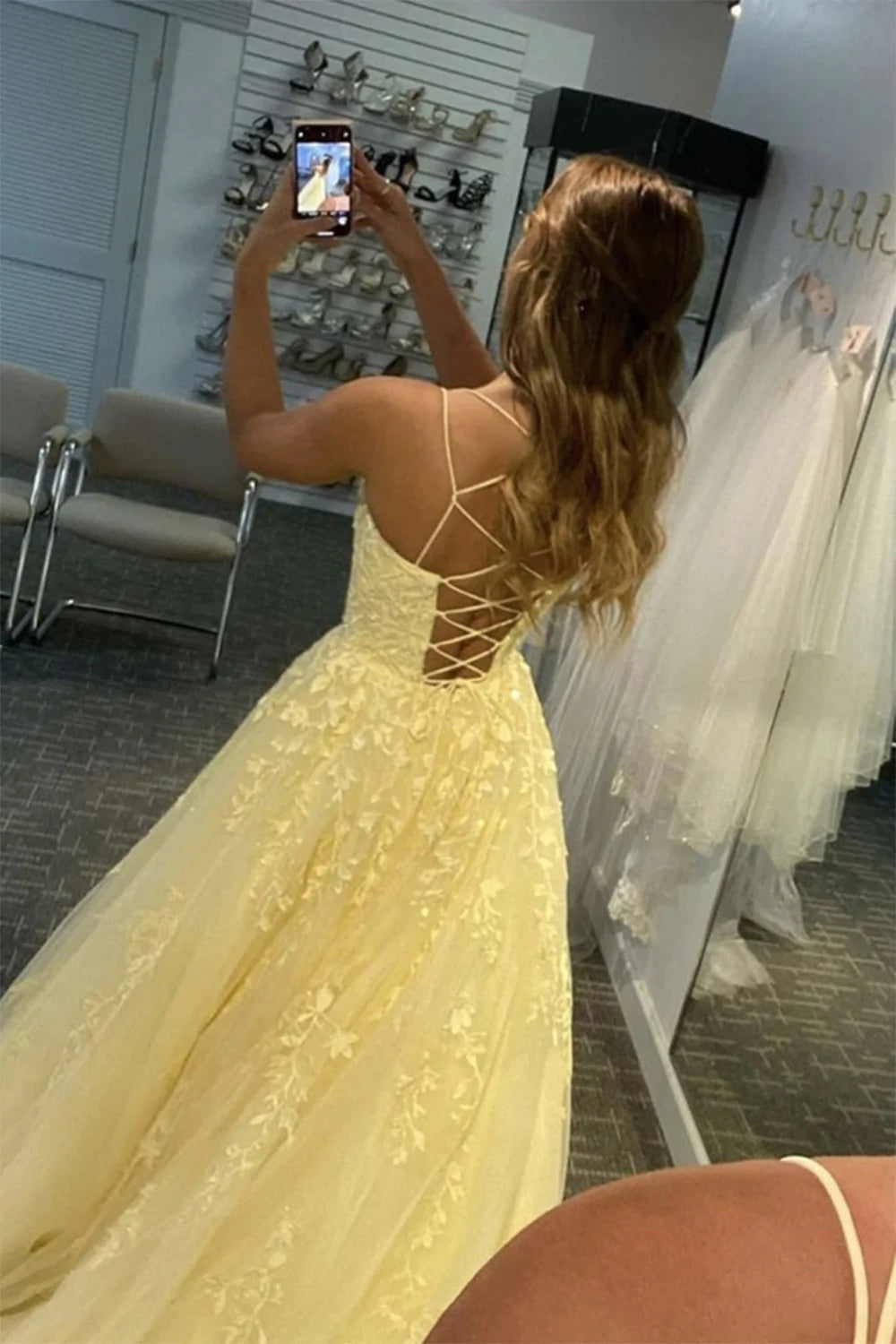 A Line Floor Length Lace Yellow Prom Dresses Spaghetti Straps MyChicDress