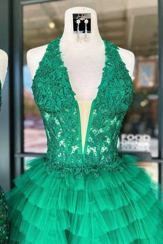 A-Line Halter Silver Lace Homecoming Dress Layered Applique