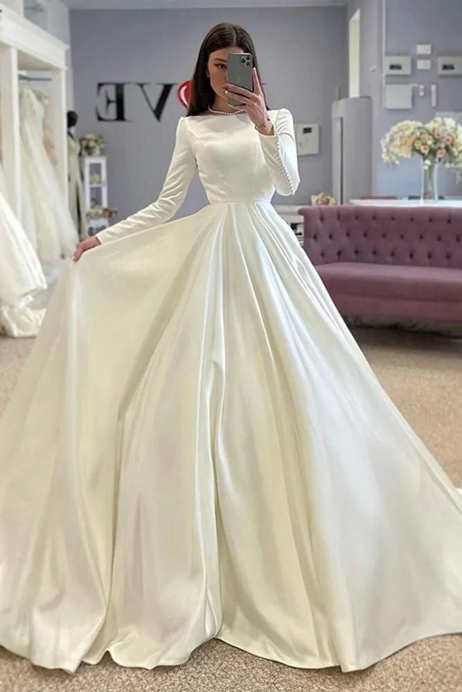 A Line Satin Modest Wedding Dress Long Sleeves