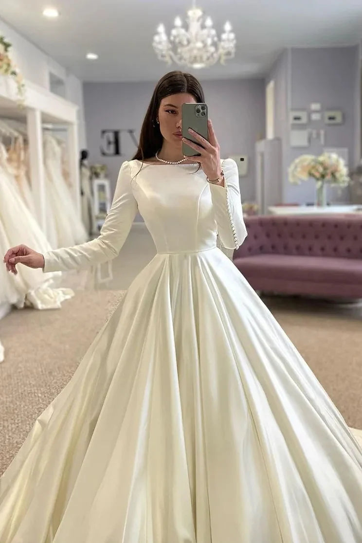 A Line Satin Modest Wedding Dress Long Sleeves