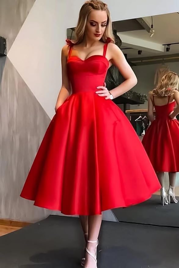 Vestido de baile vermelho linha na altura do joelho espartilho de cetim